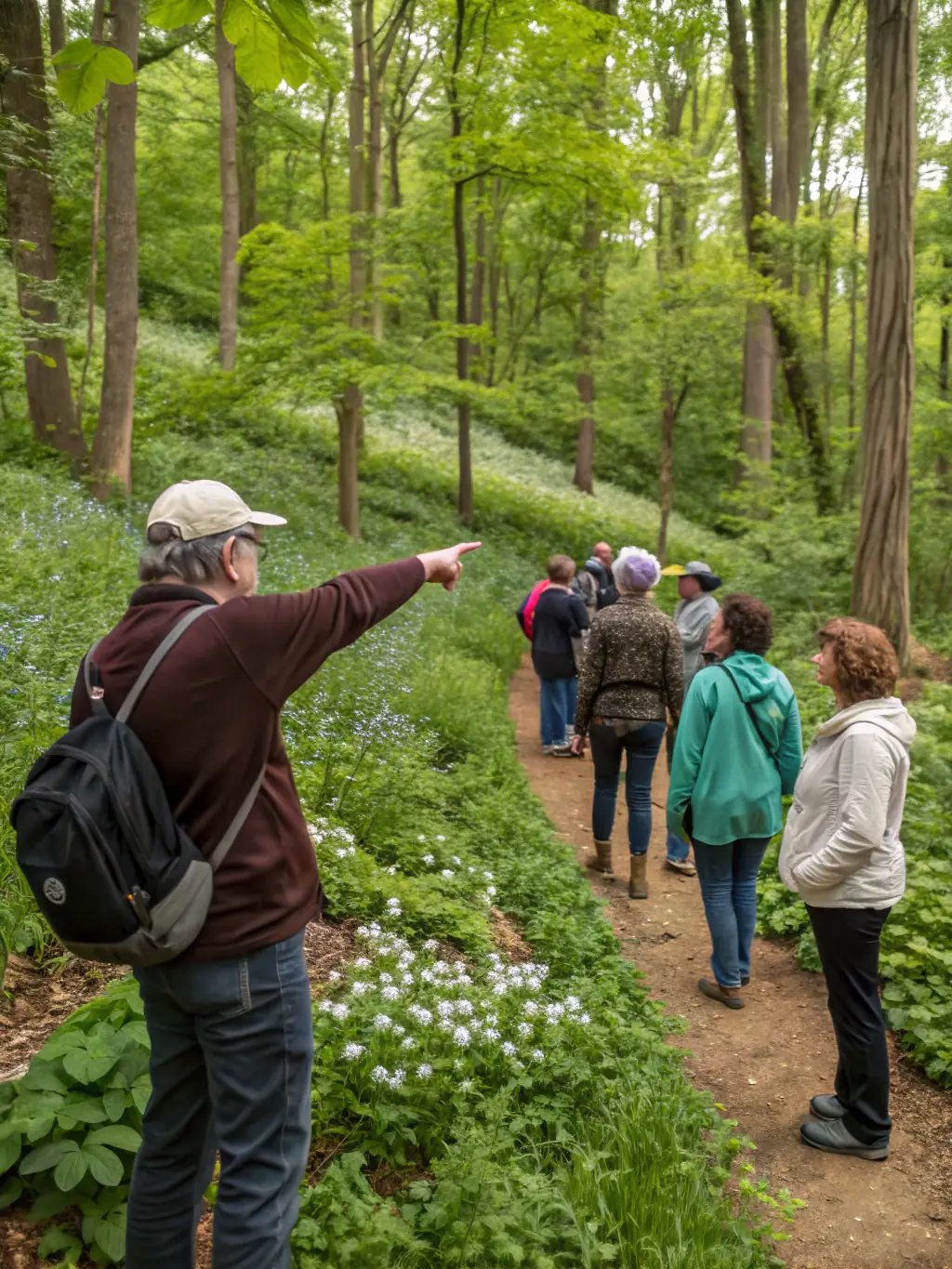 A photograph of a diverse group of people participating in a guided nature walk through the Bois de Lorge, emphasizing the organization's educational outreach.