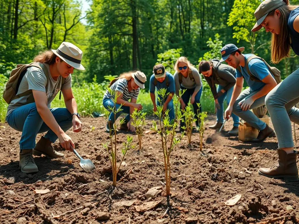 A photograph depicting volunteers planting trees in a deforested area, showcasing the reforestation efforts of LES AMIS DES BOIS DE LORGE.