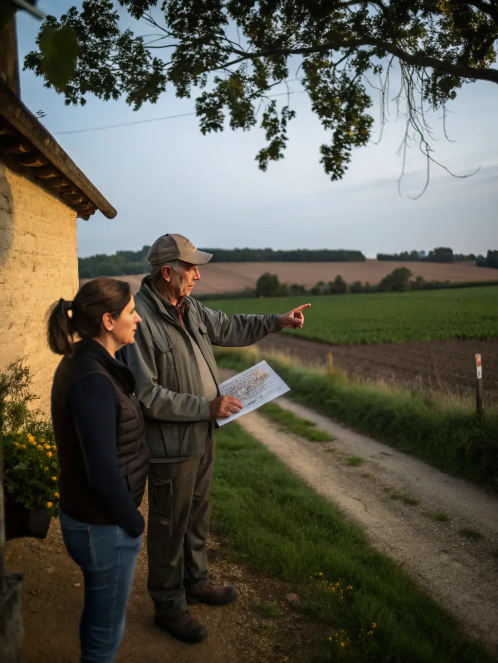 A picture of a local farmer collaborating with the organization on sustainable agricultural practices within the Bois de Lorge, demonstrating the integration of farming and forestry.